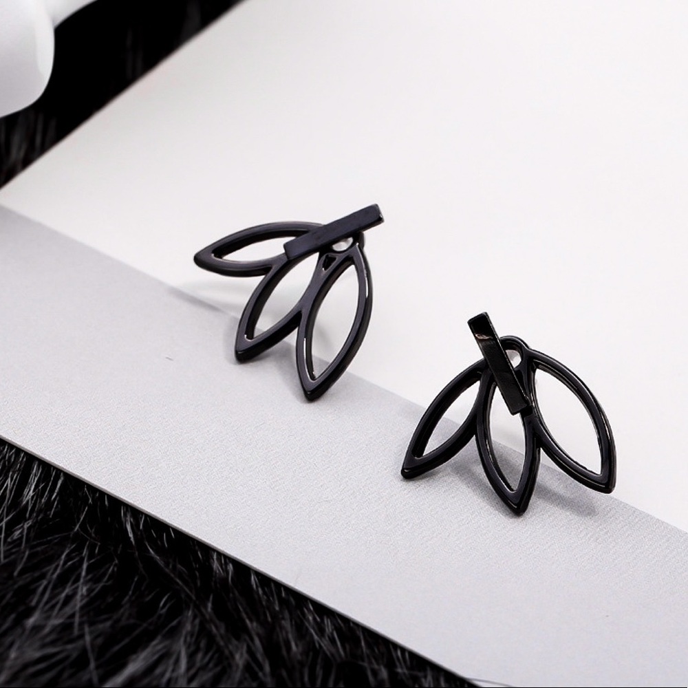 Black Bar & Lotus Jacket Stud Earrings - Picture 2 of 7